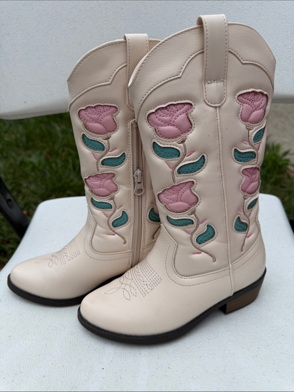 art class Cream Kids Cowboy Boots with Pink and Teal Floral Appliqué
